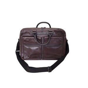 Piquadro Dark Brown Leather Business Bag With Adjustable Strap Multiple Pockets